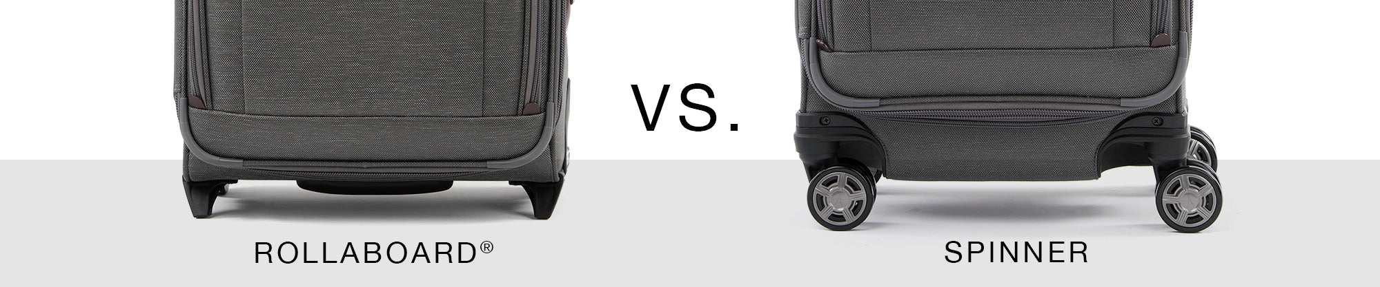 Rollaboard vs. Spinner Luggage comparison highlighting rollaboard suitcase next to spinner suitcase